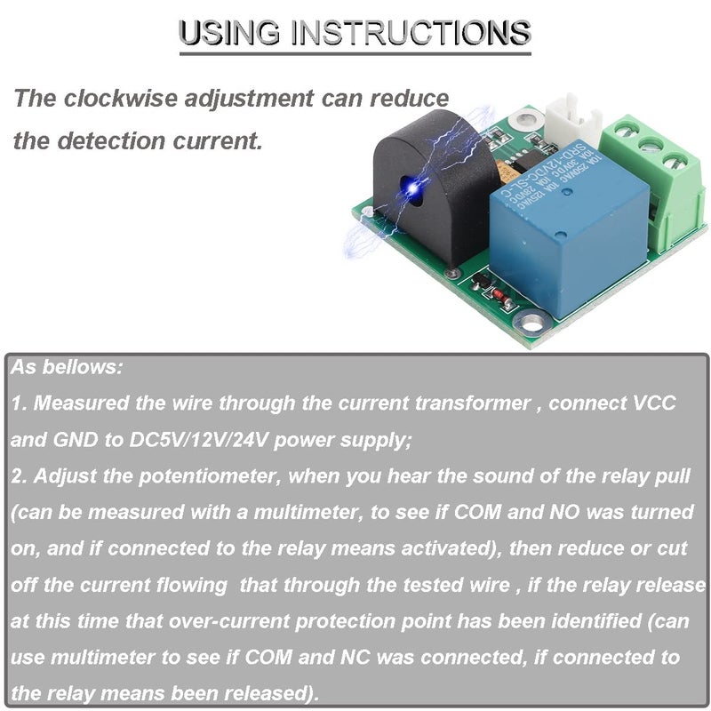 DKARDU 2 pcs Current Detection Sensor AC Current Sensor Module 5V 12V 24V 0-5A Adjustable Relay Protection Module Over-Current Protection Switch Output with Screwdriver (12V) - Image 5